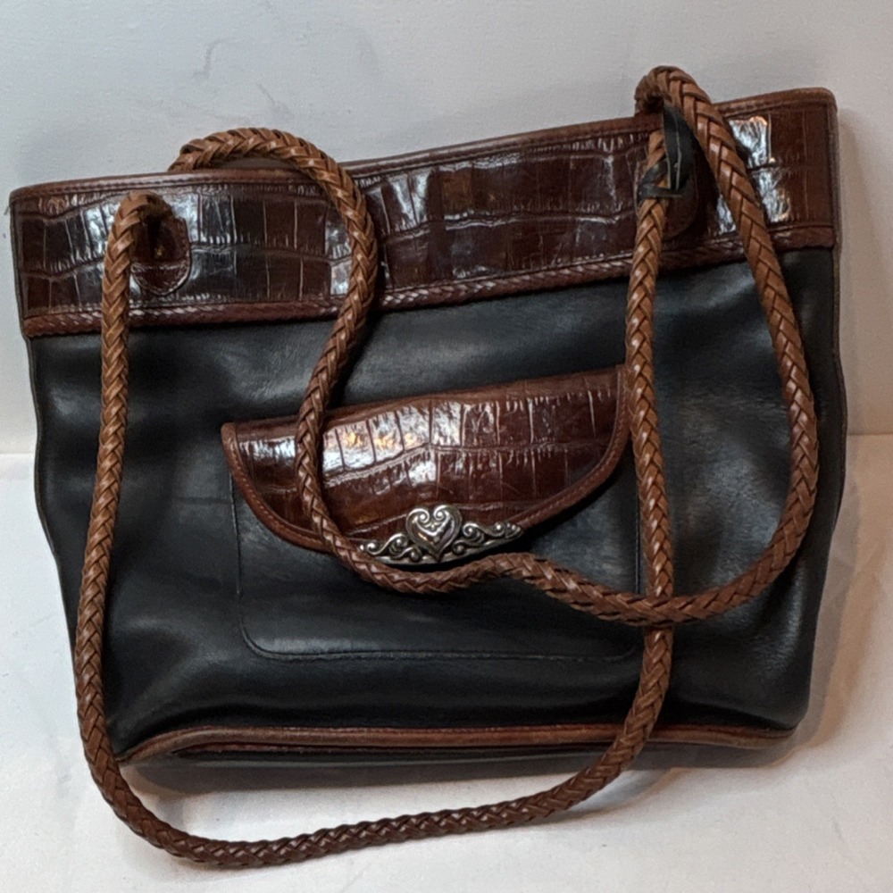 Brighton Vtg Black Brown Shoulder Bag with Heart Accents Braided Leather Strap - Picture 9 of 10